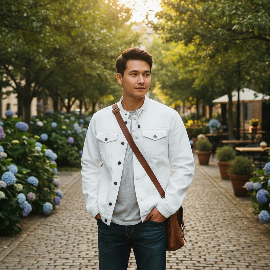 Men's ivory denim jacket with mandarin collar, long sleeves and buttoned chest pockets