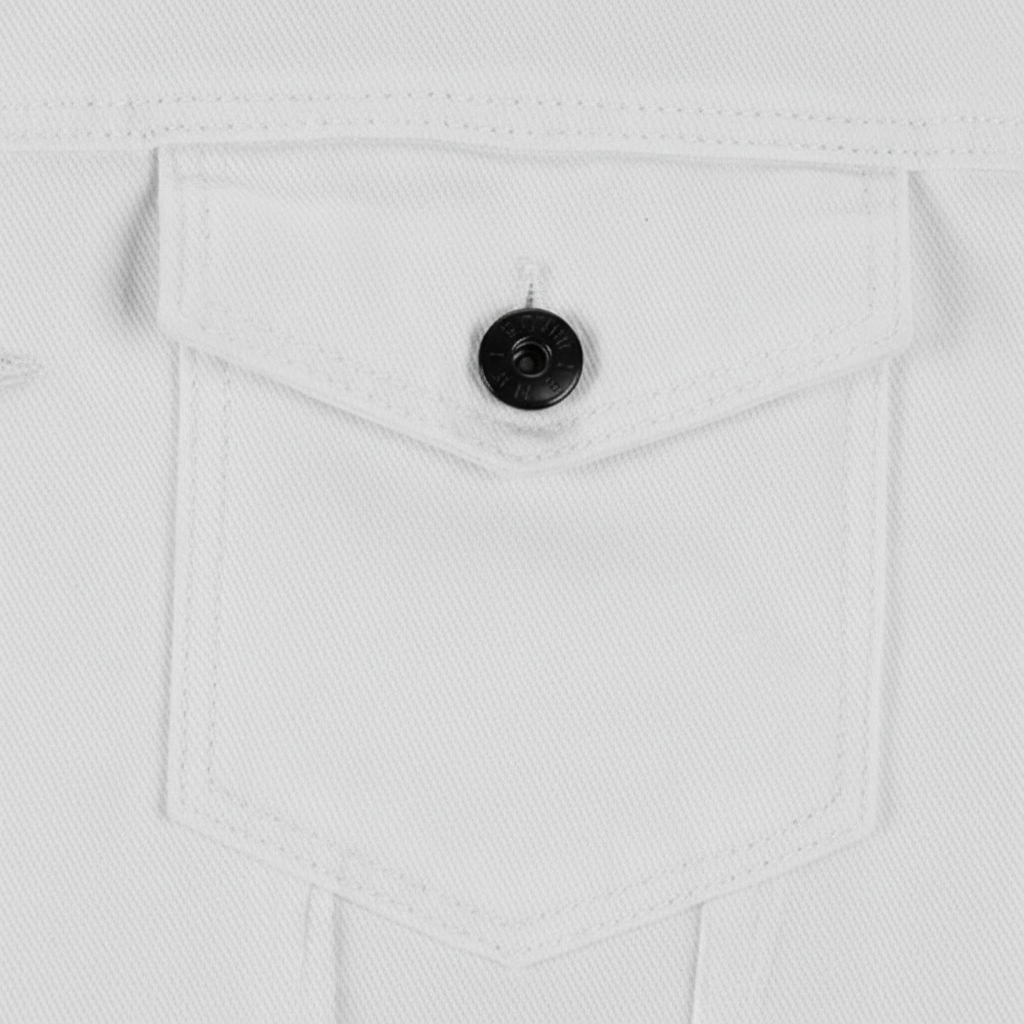 Men's ivory denim jacket with mandarin collar, long sleeves and buttoned chest pockets