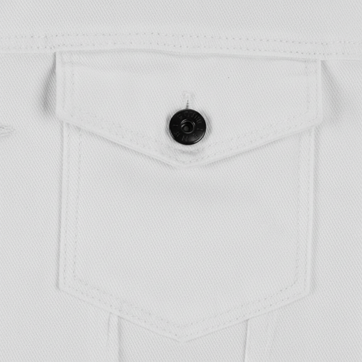 Men's ivory denim jacket with mandarin collar, long sleeves and buttoned chest pockets