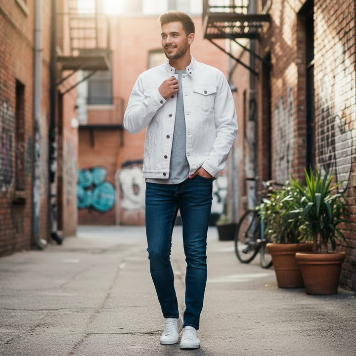 Men's ivory denim jacket with mandarin collar, long sleeves and buttoned chest pockets