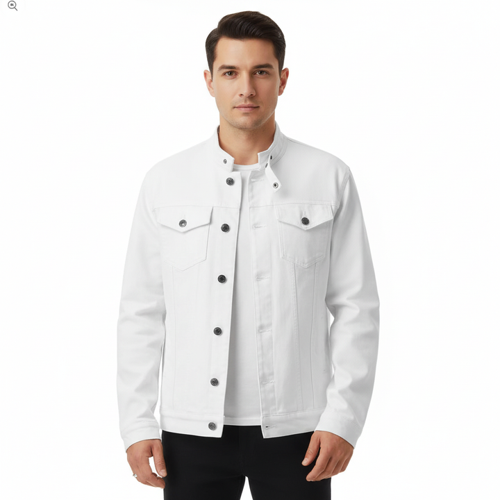 Men's ivory denim jacket with mandarin collar, long sleeves and buttoned chest pockets