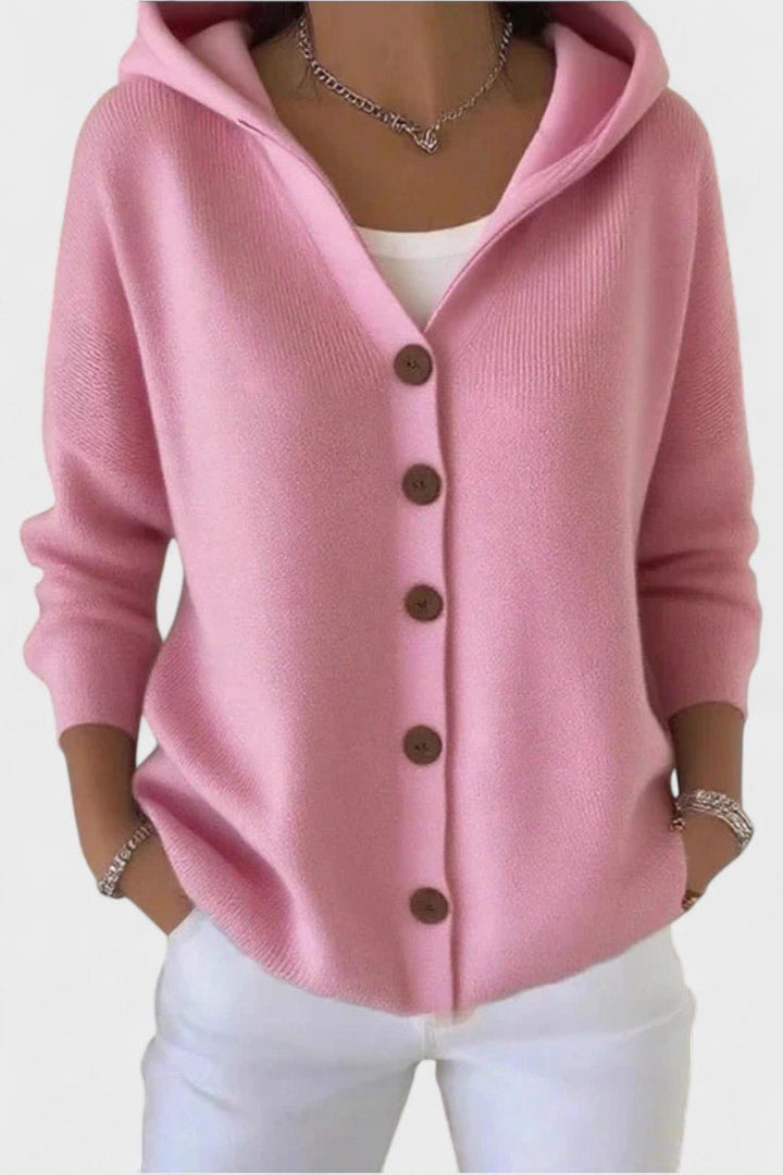 Women's hooded ribbed cardigan with long sleeves and front buttons