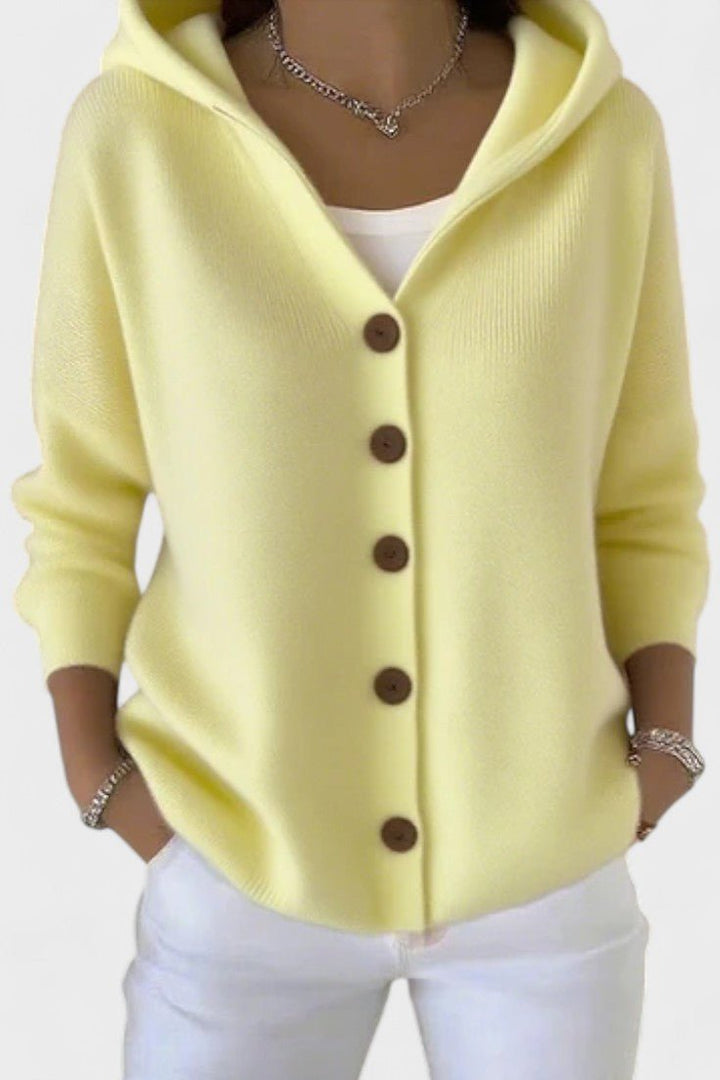 Women's hooded ribbed cardigan with long sleeves and front buttons