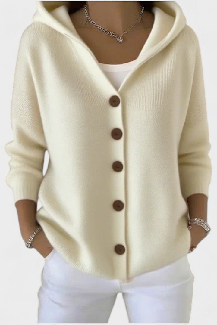 Women's hooded ribbed cardigan with long sleeves and front buttons
