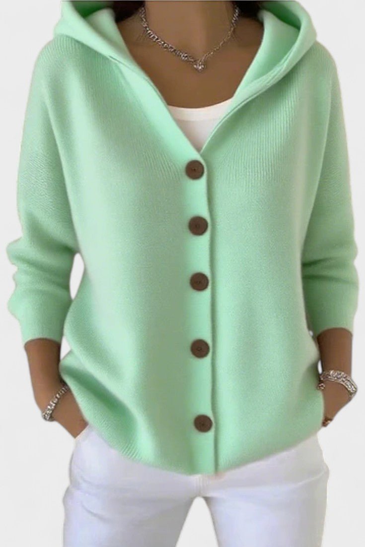 Women's hooded ribbed cardigan with long sleeves and front buttons