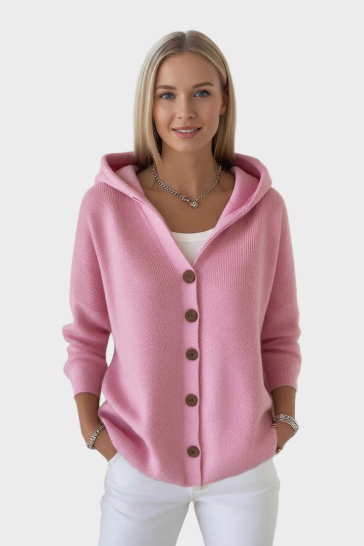 Women's hooded ribbed cardigan with long sleeves and front buttons