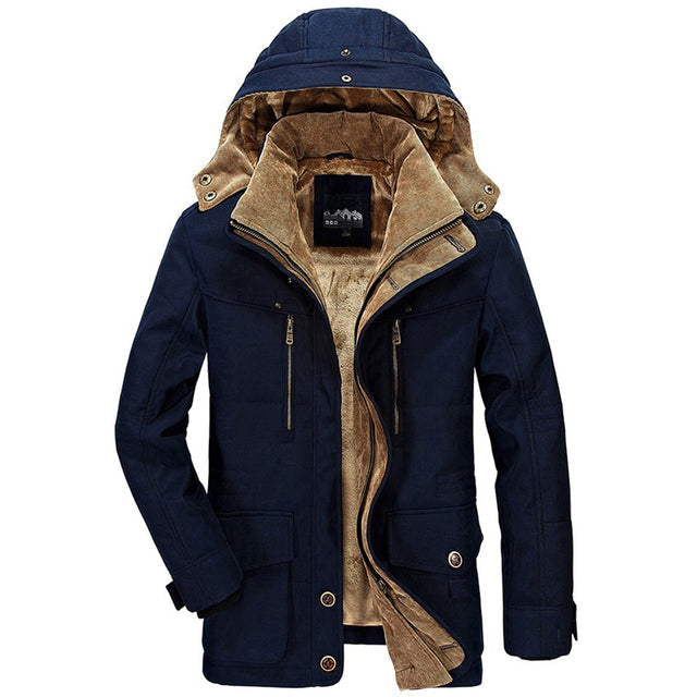Men's hooded winter parka with long sleeves, multiple pockets and tan lining