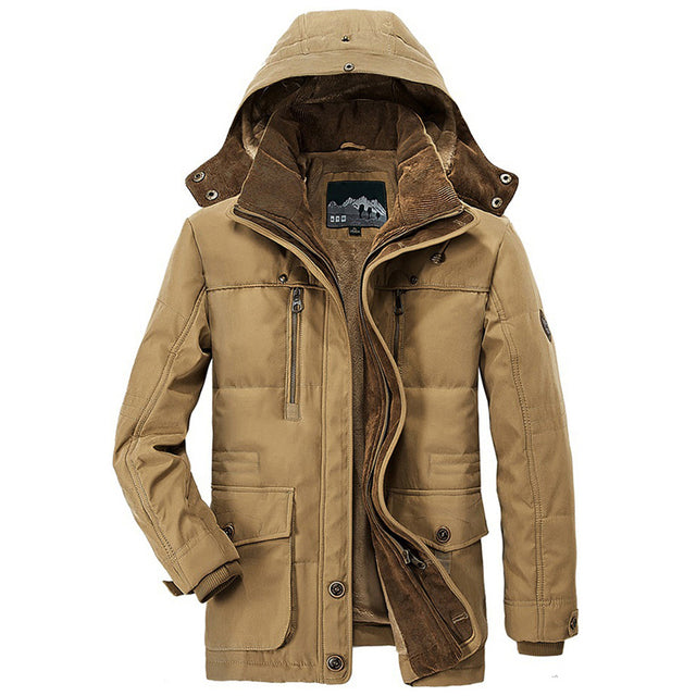 Men's hooded winter parka with long sleeves, multiple pockets and tan lining