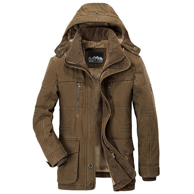 Men's hooded winter parka with long sleeves, multiple pockets and tan lining
