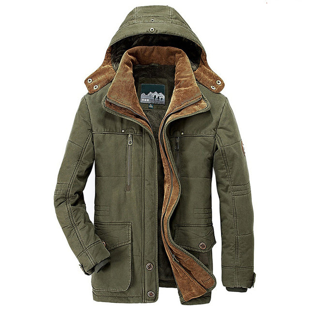 Men's hooded winter parka with long sleeves, multiple pockets and tan lining
