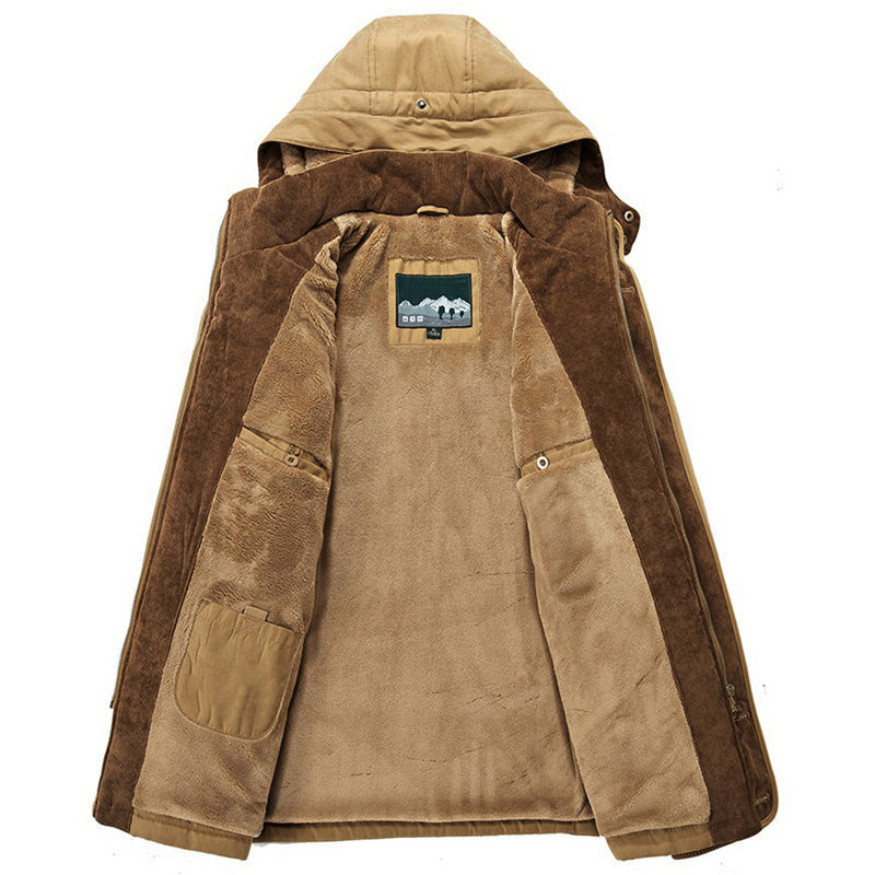 Men's hooded winter parka with long sleeves, multiple pockets and tan lining