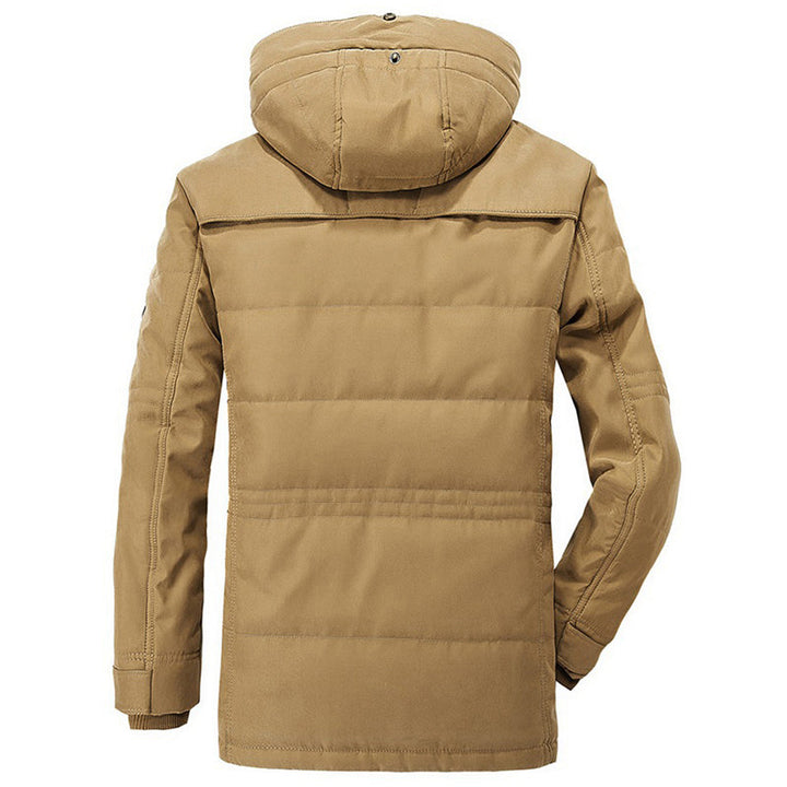 Men's hooded winter parka with long sleeves, multiple pockets and tan lining