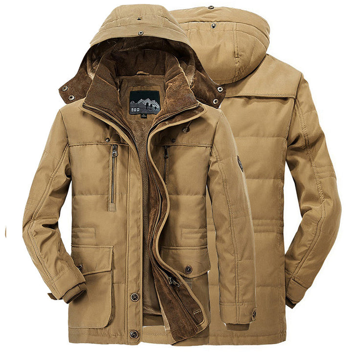 Men's hooded winter parka with long sleeves, multiple pockets and tan lining