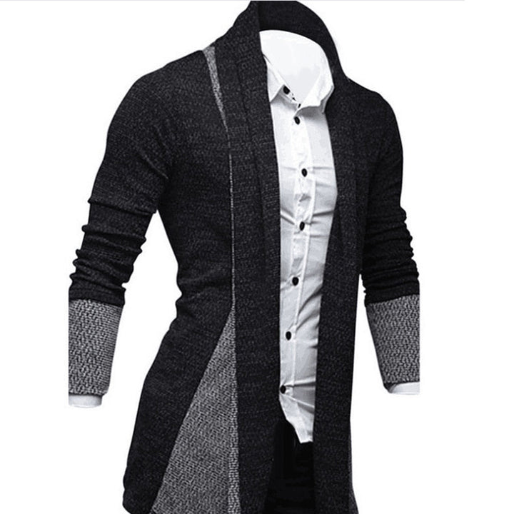 Men's longline textured cardigan with shawl collar and contrasting panels