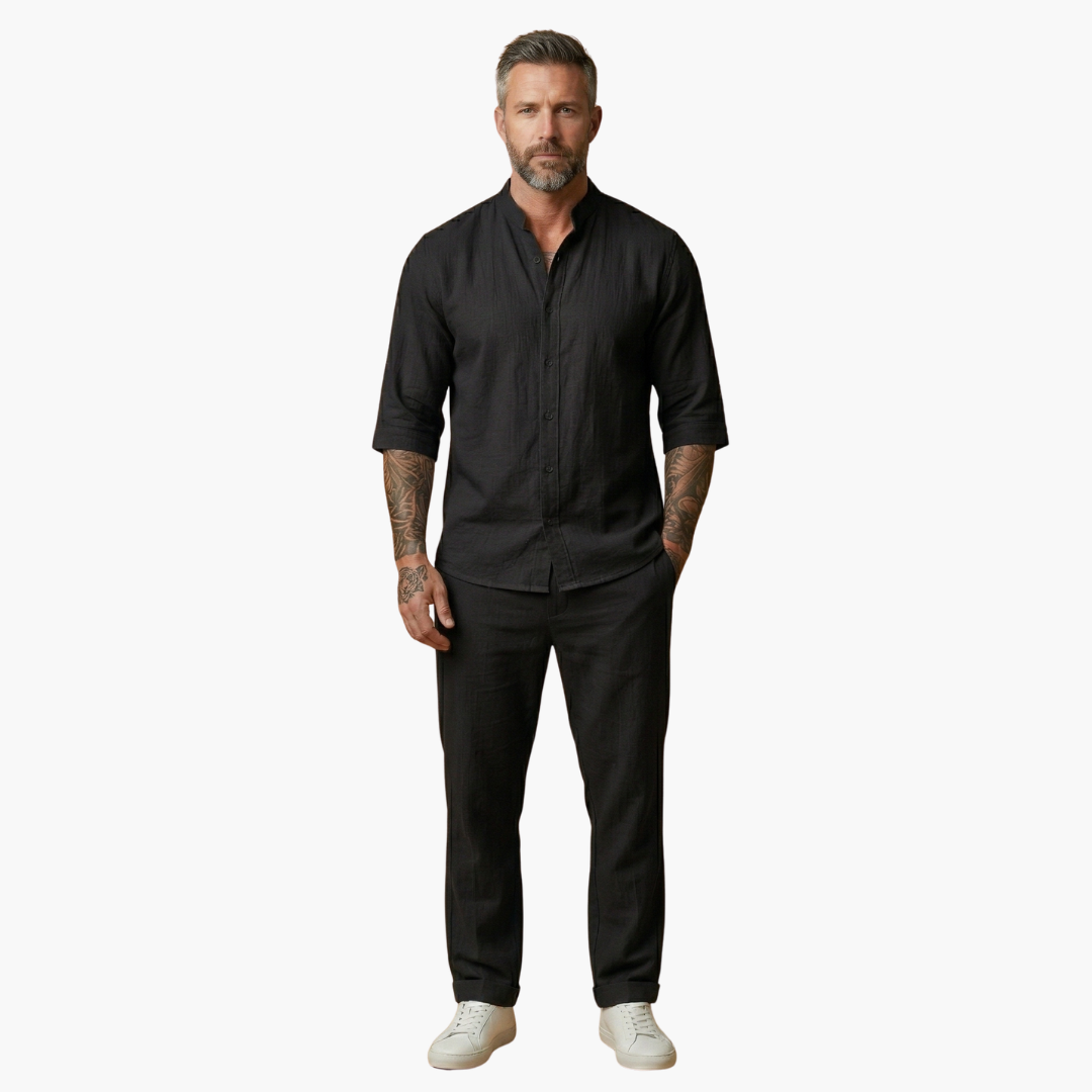 Derek | Men's Linen Two Piece Set with Stand Collar Shirt and Pants