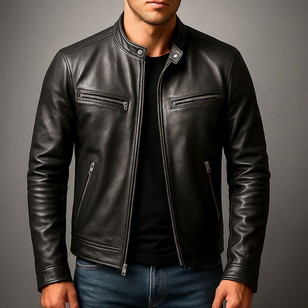 Men's vintage style zip jacket with stand collar and zipped pockets