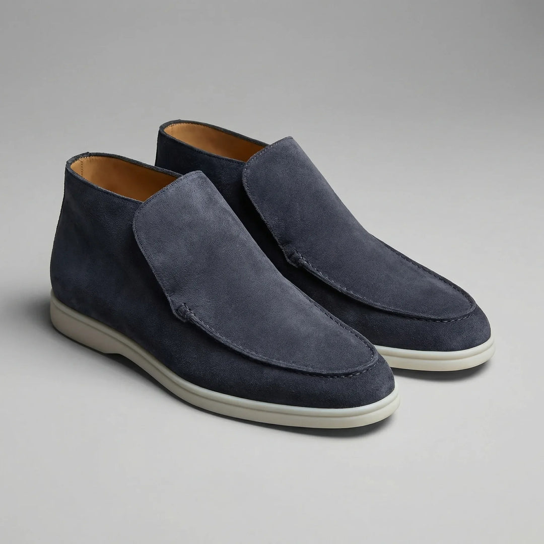 High-top loafer ankle boots with stitched vamp panels and flat light-coloured soles