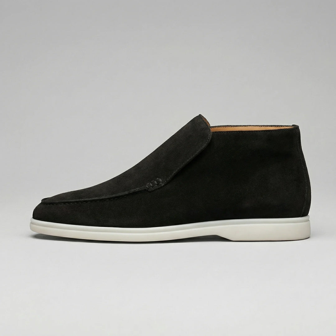 High-top loafer ankle boots with stitched vamp panels and flat light-coloured soles