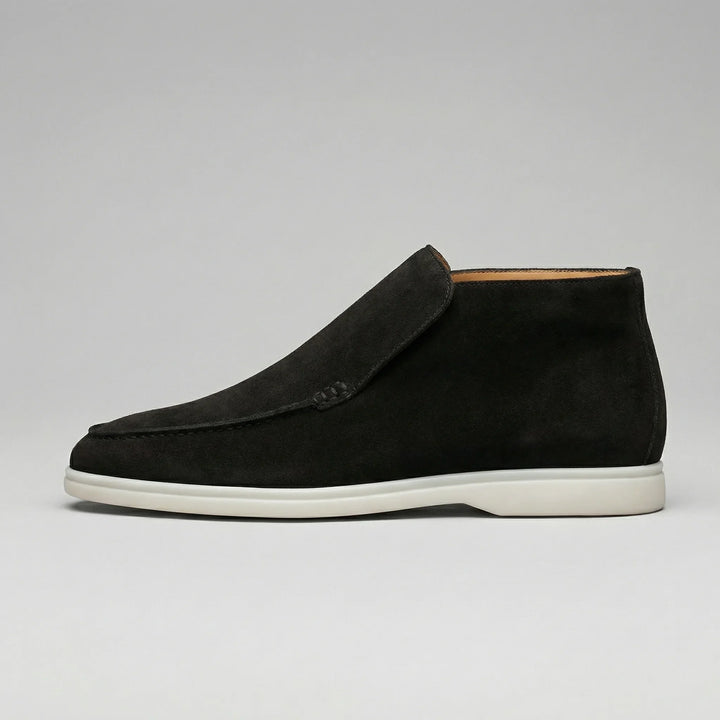 High-top loafer ankle boots with stitched vamp panels and flat light-coloured soles