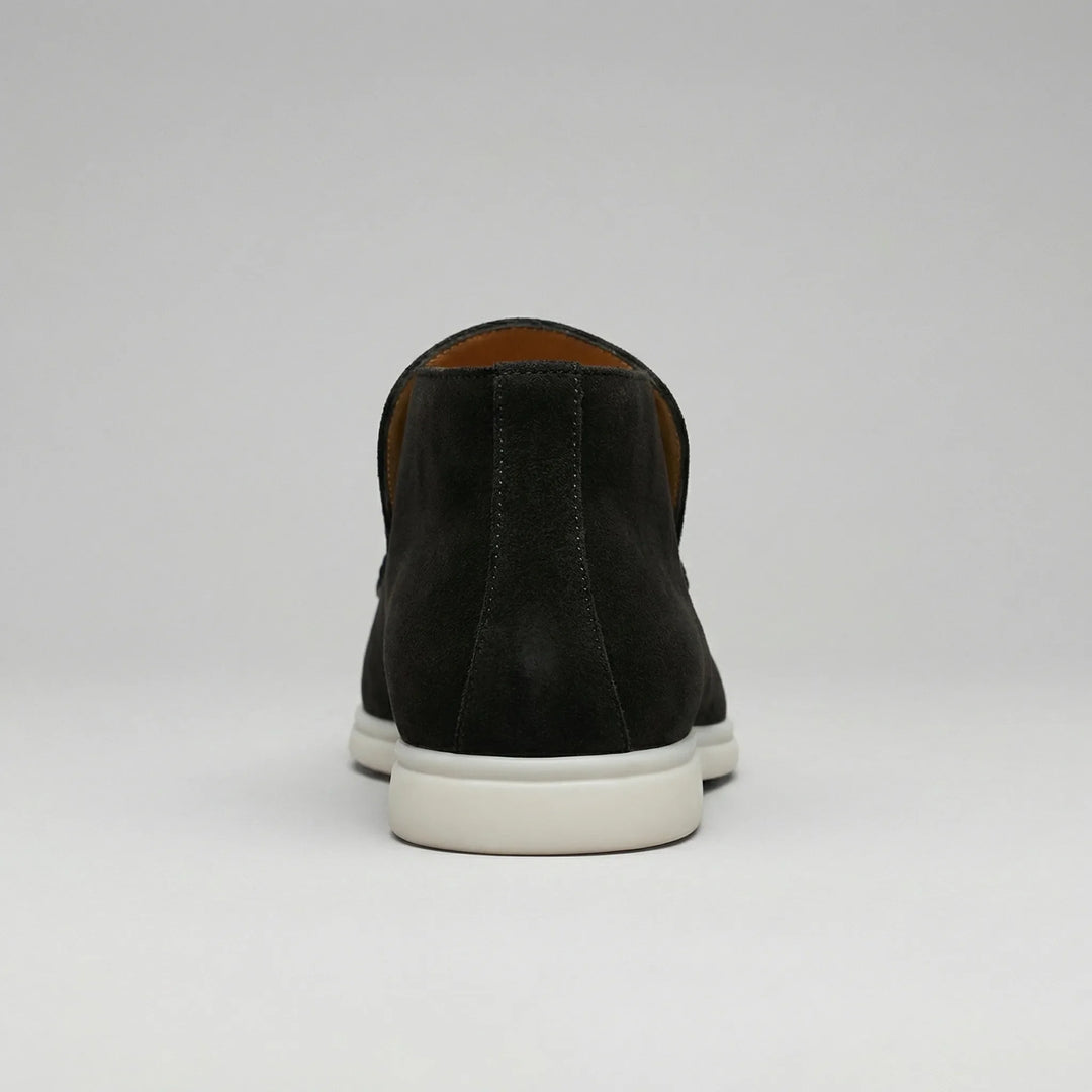 High-top loafer ankle boots with stitched vamp panels and flat light-coloured soles