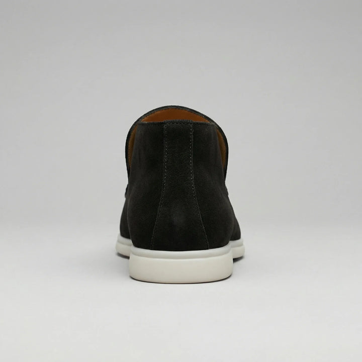 High-top loafer ankle boots with stitched vamp panels and flat light-coloured soles