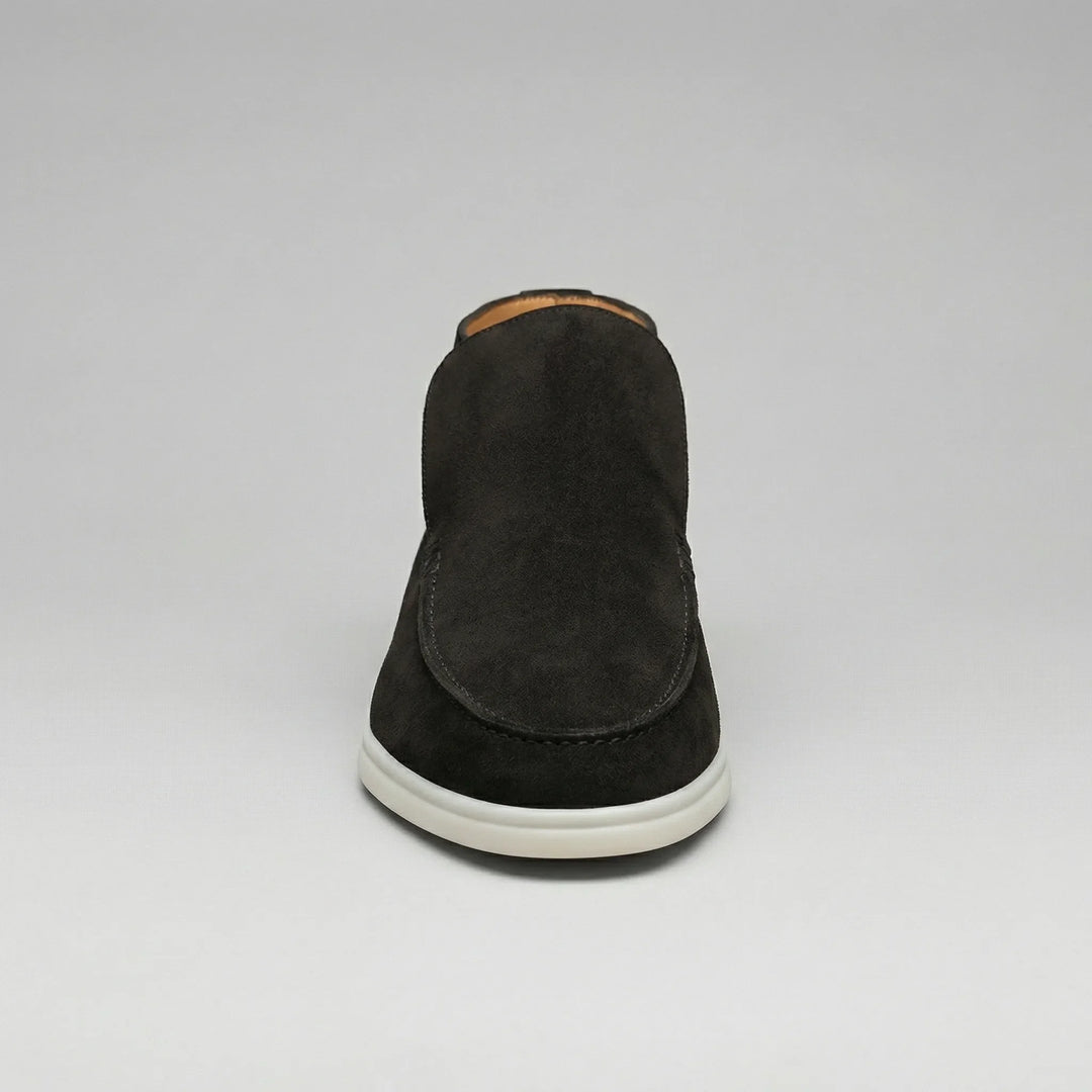 High-top loafer ankle boots with stitched vamp panels and flat light-coloured soles