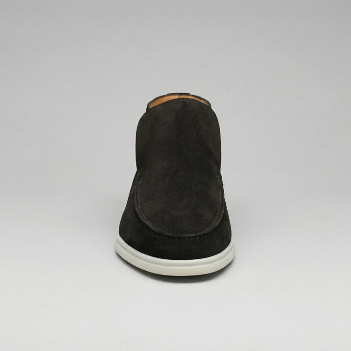High-top loafer ankle boots with stitched vamp panels and flat light-coloured soles