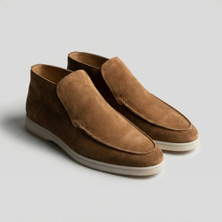 High-top loafer ankle boots with stitched vamp panels and flat light-coloured soles