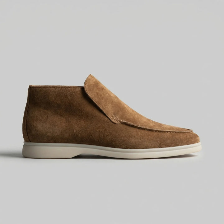 High-top loafer ankle boots with stitched vamp panels and flat light-coloured soles