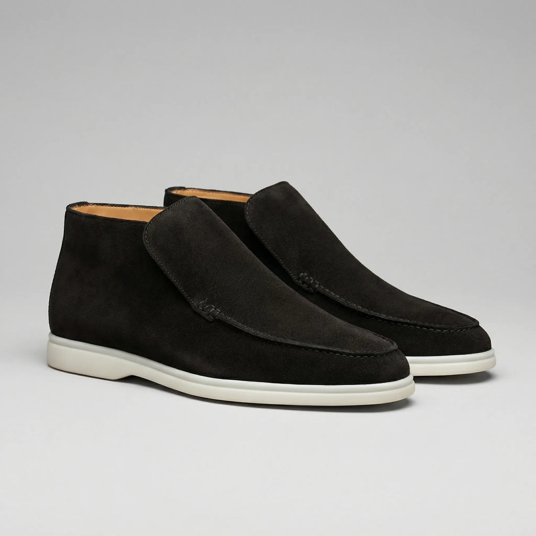 High-top loafer ankle boots with stitched vamp panels and flat light-coloured soles
