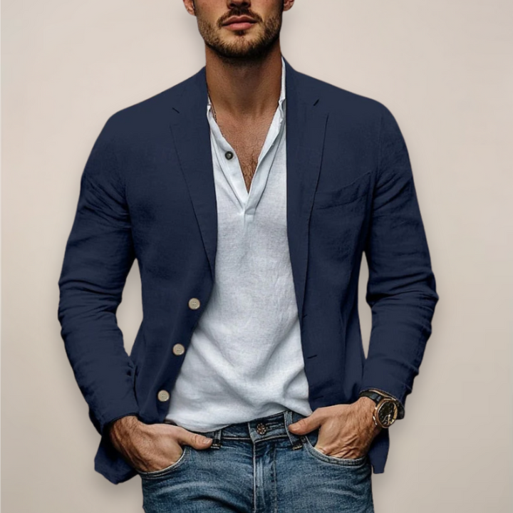 Men's casual notch collar blazer in beige and navy, shown unbuttoned over a light shirt and jeans