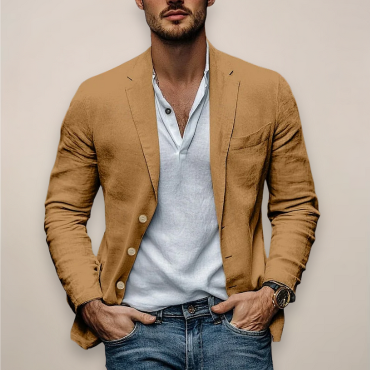 Men's casual notch collar blazer in beige and navy, shown unbuttoned over a light shirt and jeans