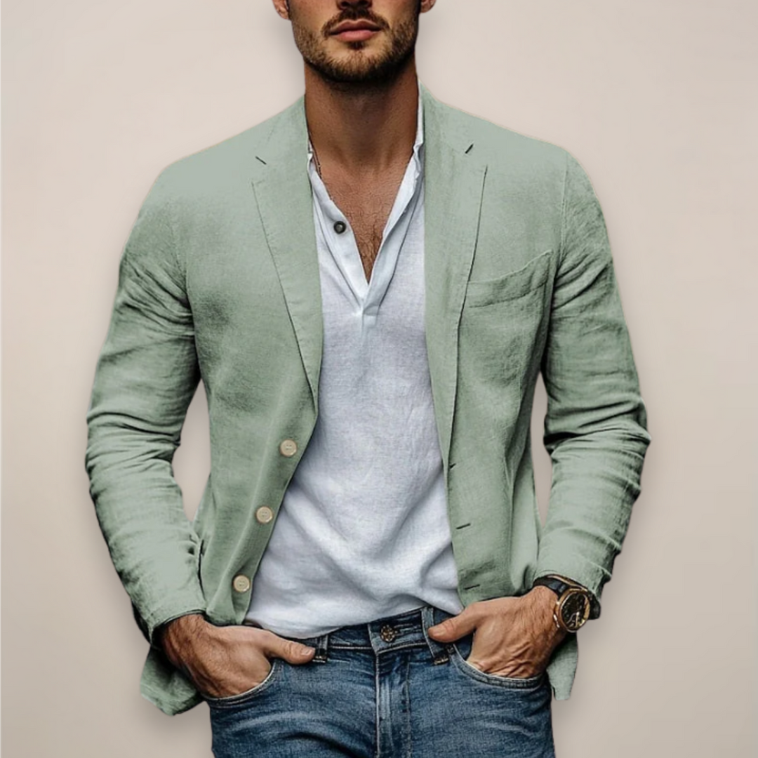Men's casual notch collar blazer in beige and navy, shown unbuttoned over a light shirt and jeans