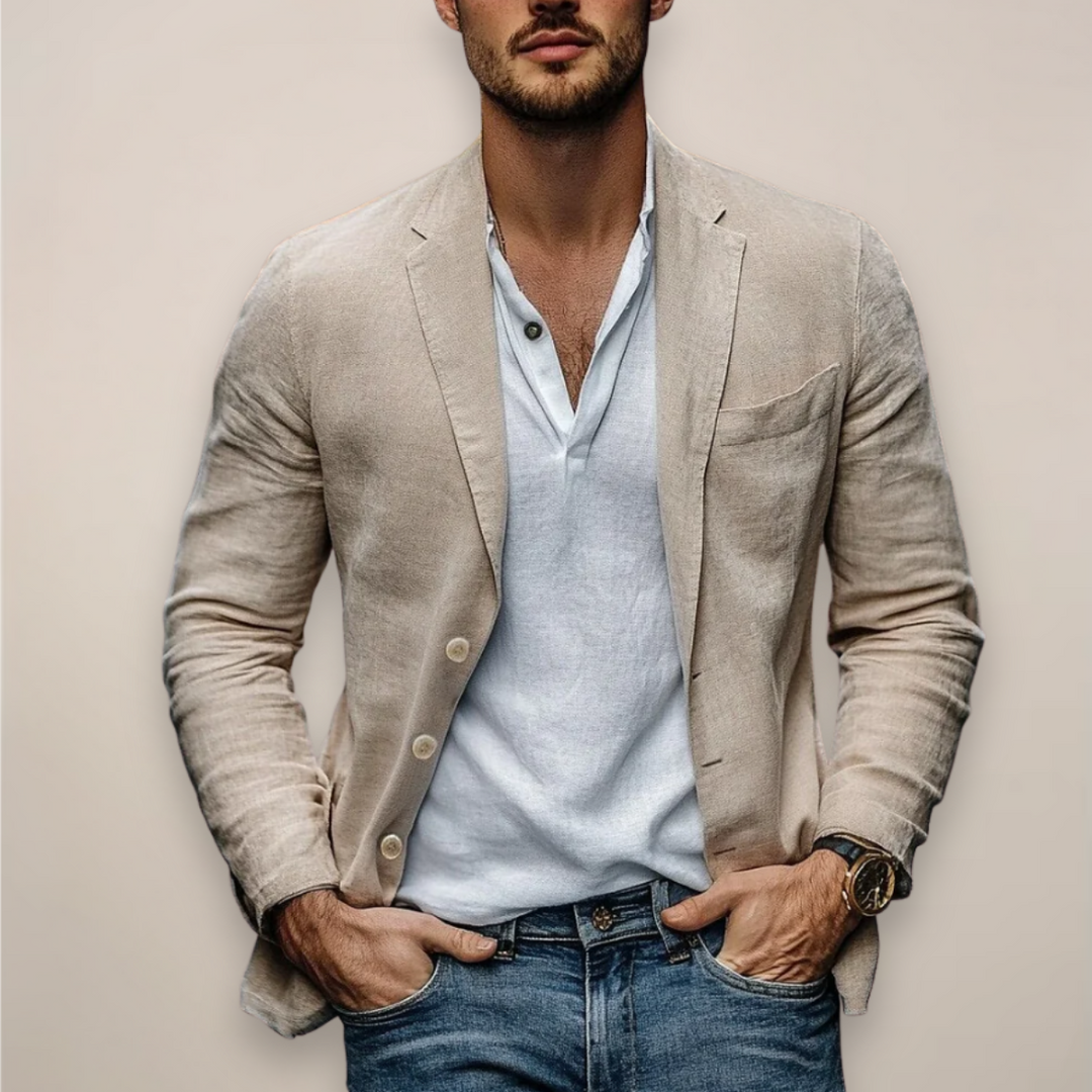 Men's casual notch collar blazer in beige and navy, shown unbuttoned over a light shirt and jeans
