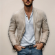Men's casual notch collar blazer in beige and navy, shown unbuttoned over a light shirt and jeans