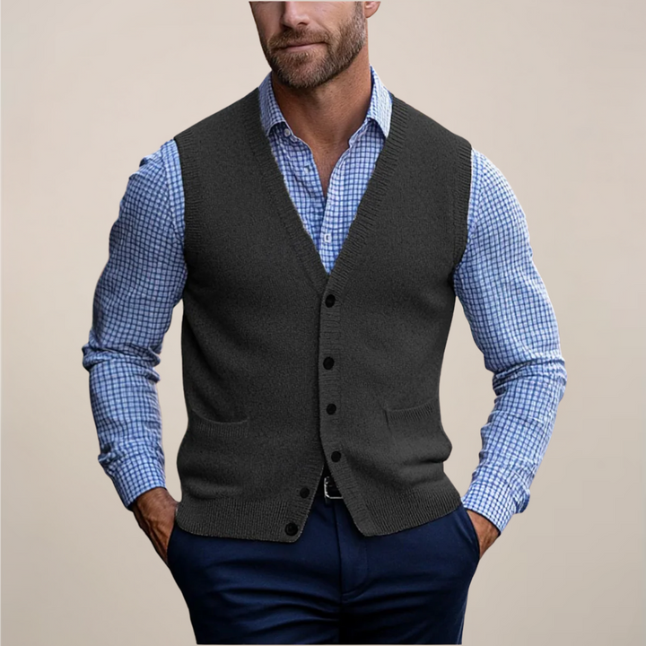Men's sleeveless knitted V-neck button-front waistcoat