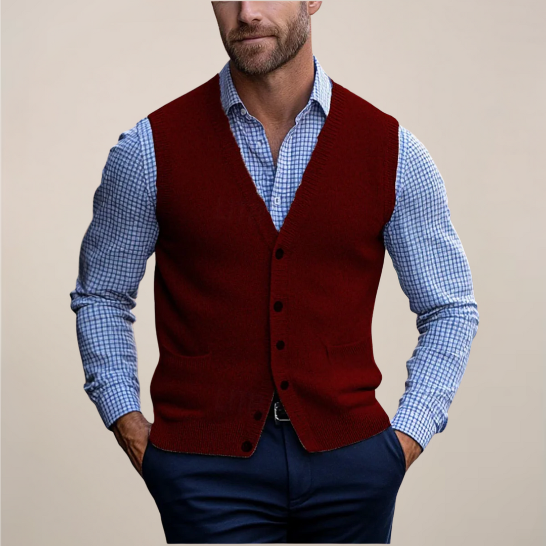 Men's sleeveless knitted V-neck button-front waistcoat