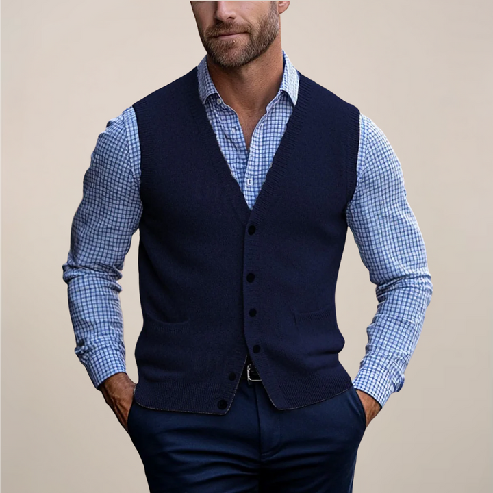Men's sleeveless knitted V-neck button-front waistcoat
