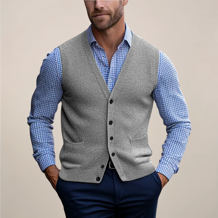 Men's sleeveless knitted V-neck button-front waistcoat