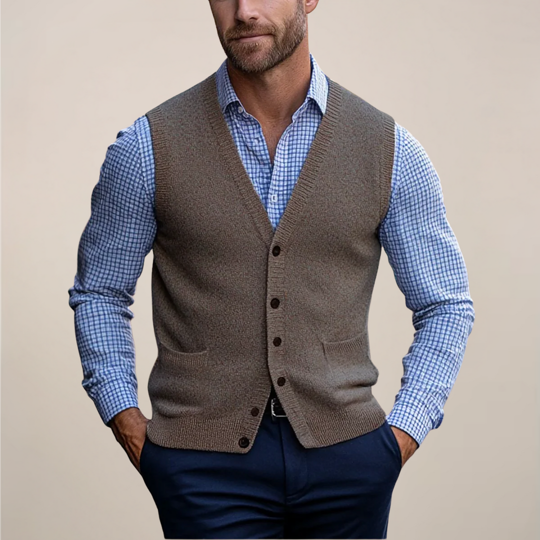 Men's sleeveless knitted V-neck button-front waistcoat