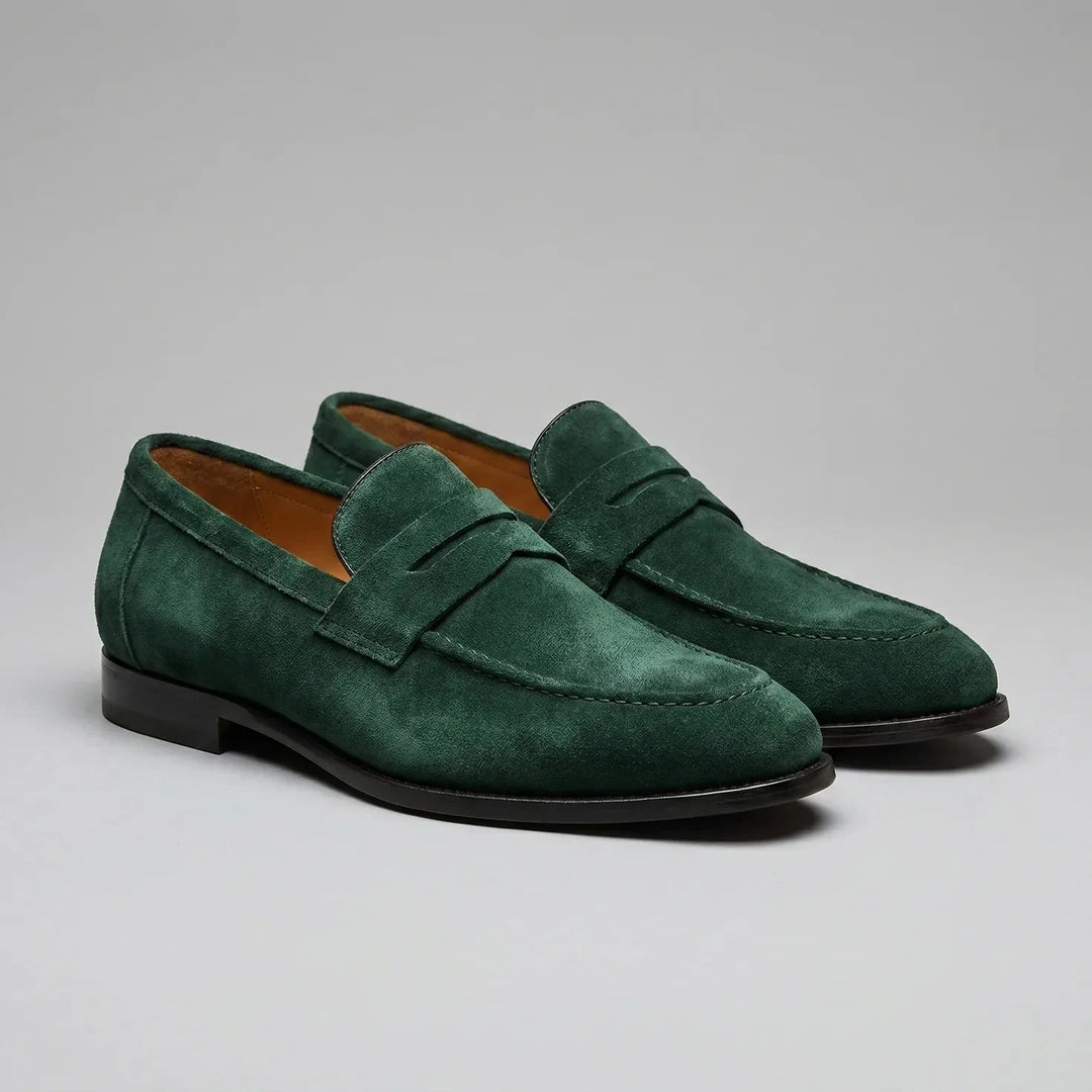 Men's penny loafers with almond toes, front straps and low flat heels