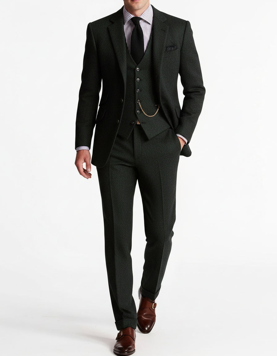 Men's three-piece suit with notched lapels