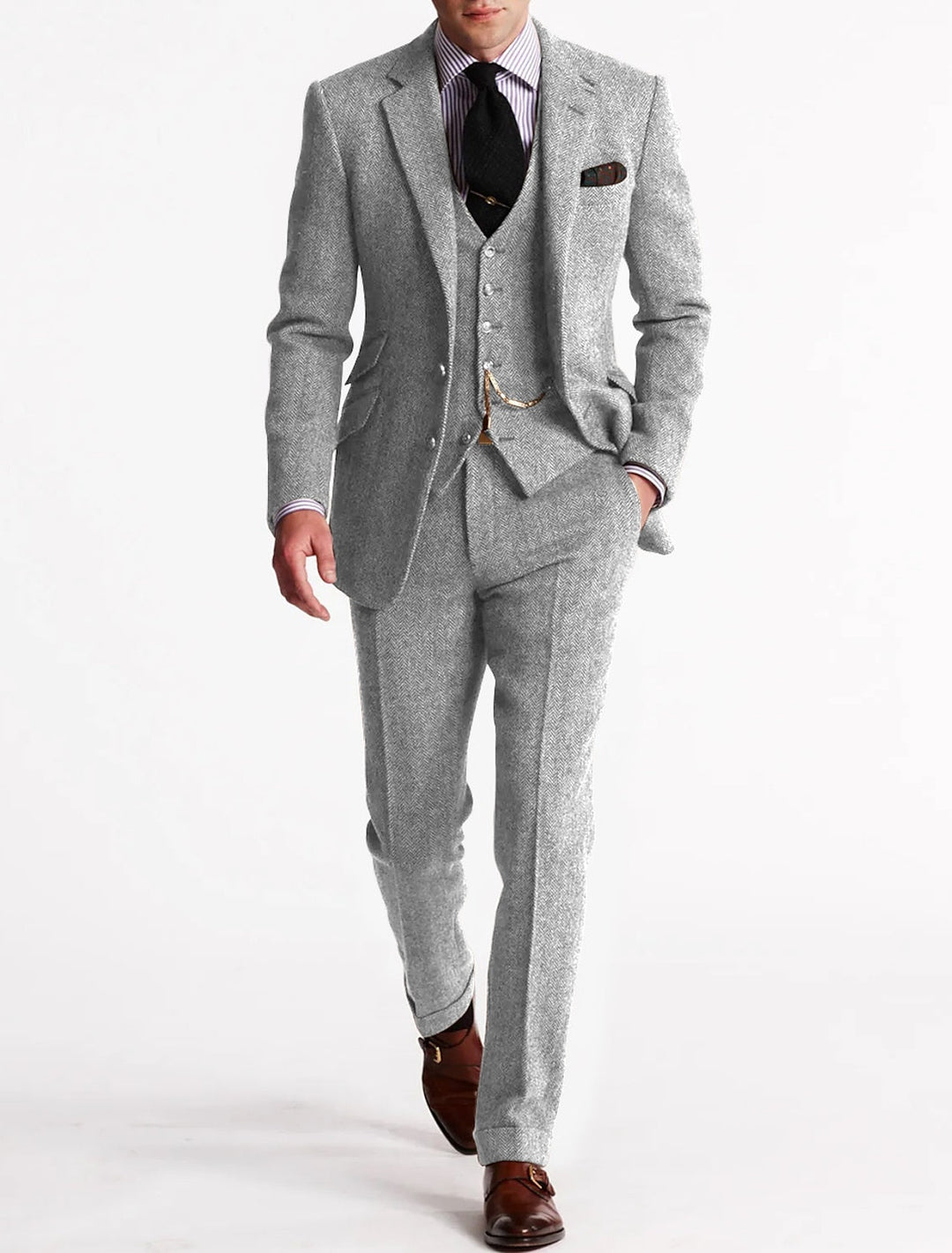 Men's three-piece suit with notched lapels