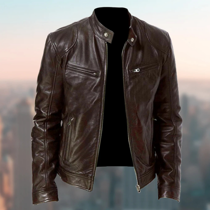Men's leather-style biker jacket with stand collar and zip pockets