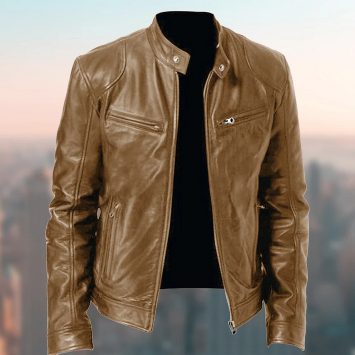 Men's leather-style biker jacket with stand collar and zip pockets