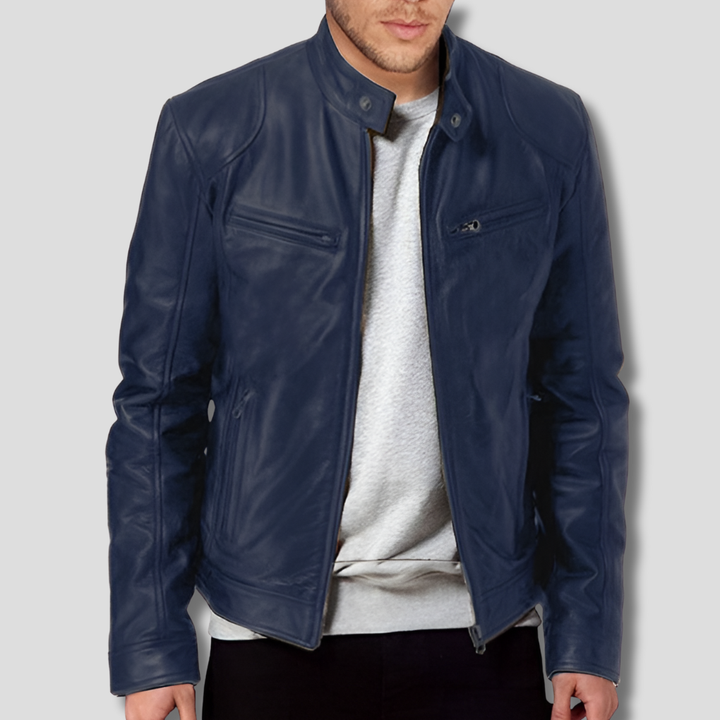 Men's leather-style biker jacket with stand collar and zip pockets