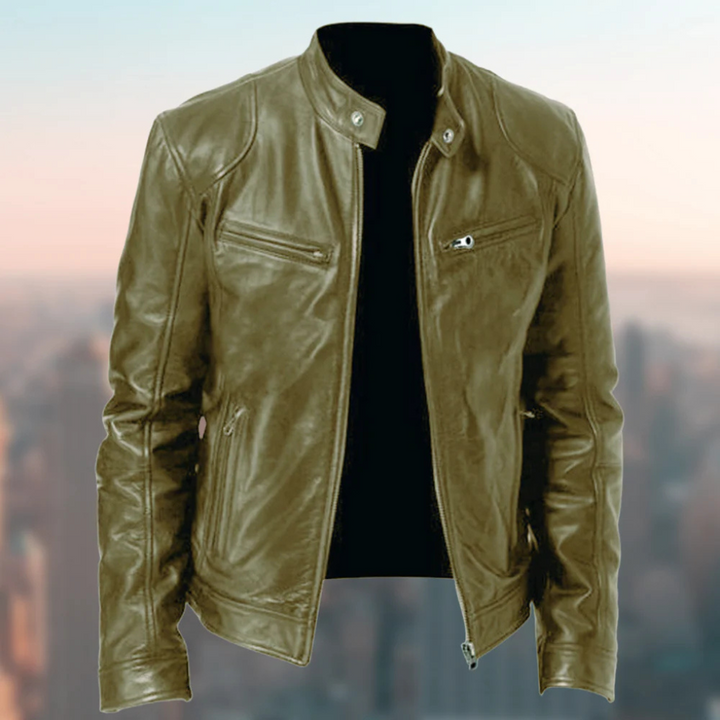 Men's leather-style biker jacket with stand collar and zip pockets