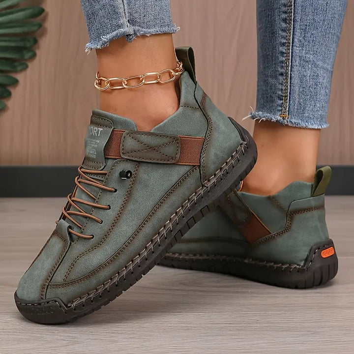 Women's beige lace-up high-top sneaker with padded ankle collar