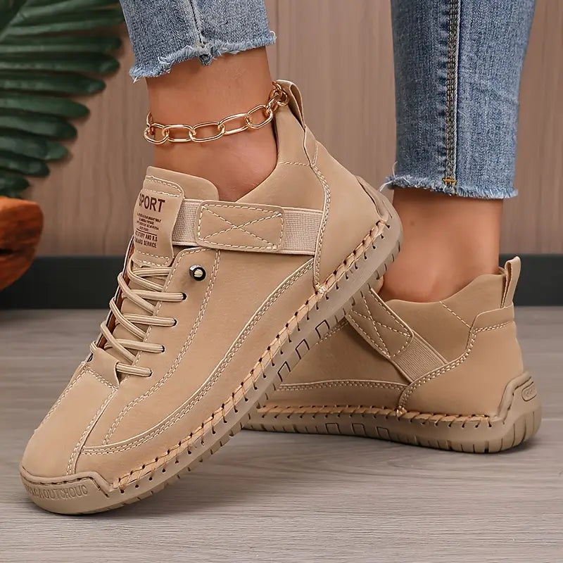 Women's beige lace-up high-top sneaker with padded ankle collar