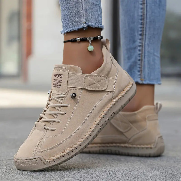 Women's beige lace-up high-top sneaker with padded ankle collar